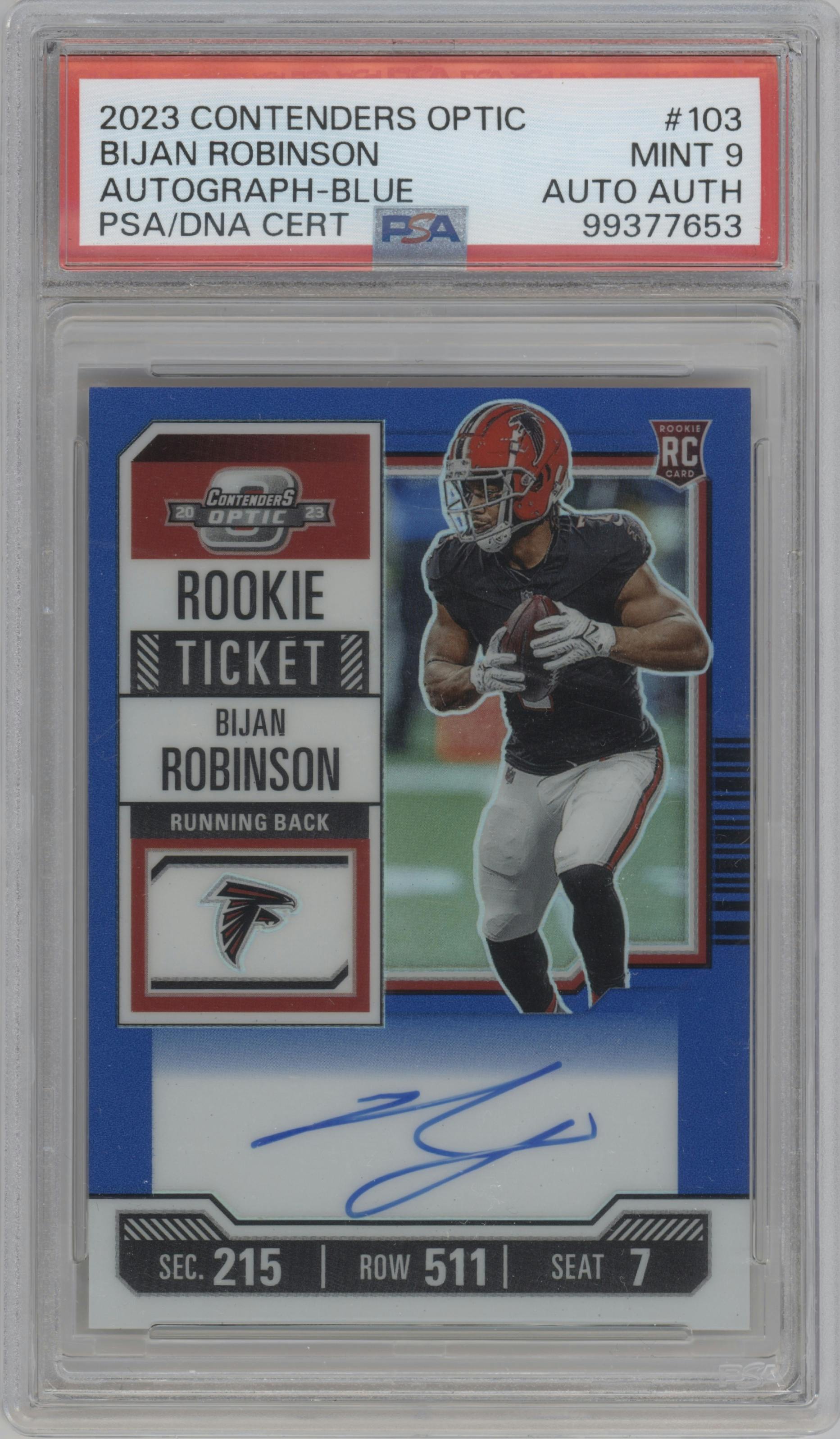 Bijan Robinson from the 2023 Panini Contenders Optic set featuring a Blue parallel graded by PSA and given an overall grade of 9.