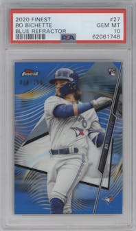 Bo Bichette from the 2020 Topps Finest set featuring a Blue Refractor  parallel graded by PSA and given an overall grade of 10.