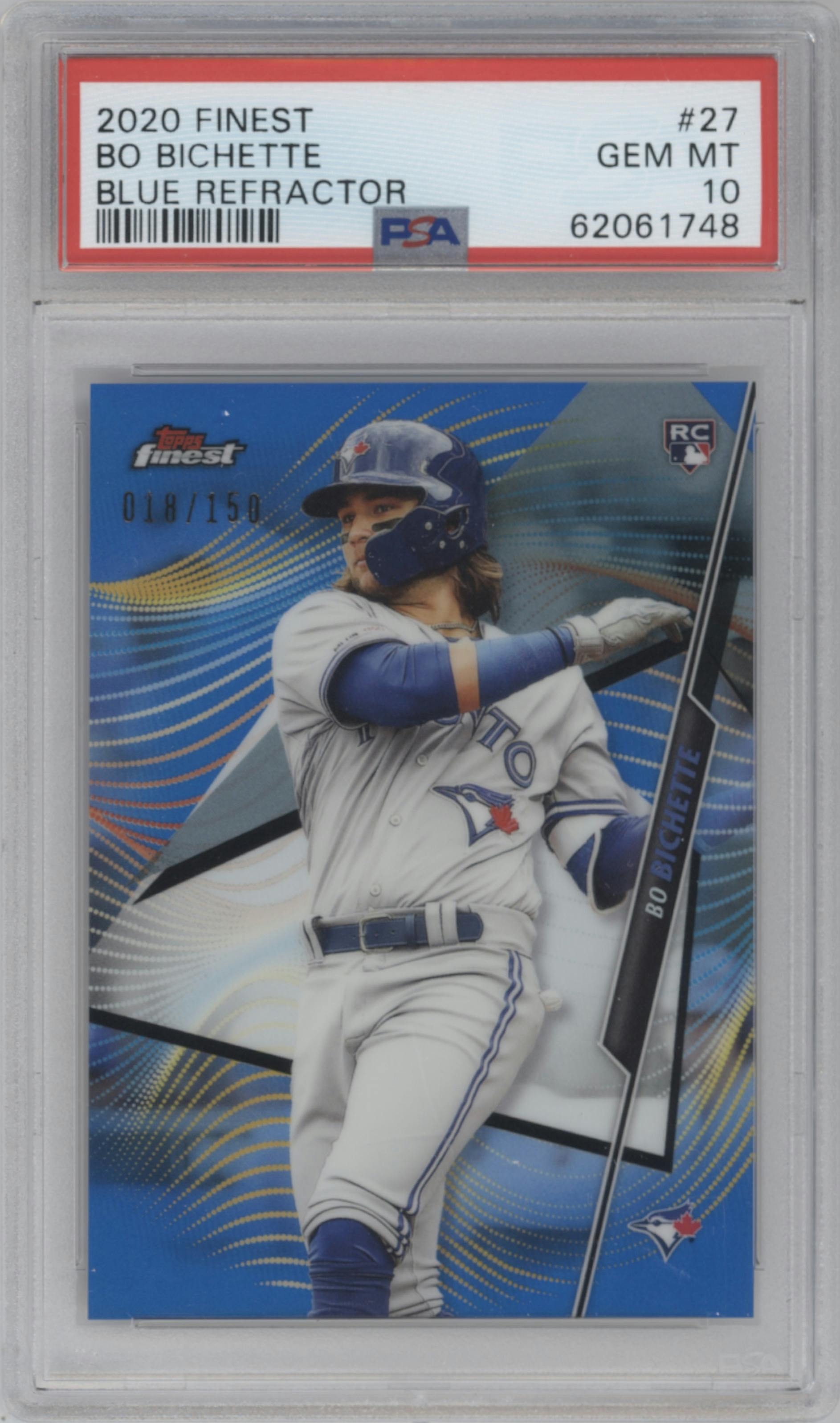 Bo Bichette from the 2020 Topps Finest set featuring a Blue Refractor  parallel graded by PSA and given an overall grade of 10.