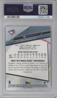 Bo Bichette from the 2020 Topps Finest set featuring a Blue Refractor  parallel graded by PSA and given an overall grade of 10.