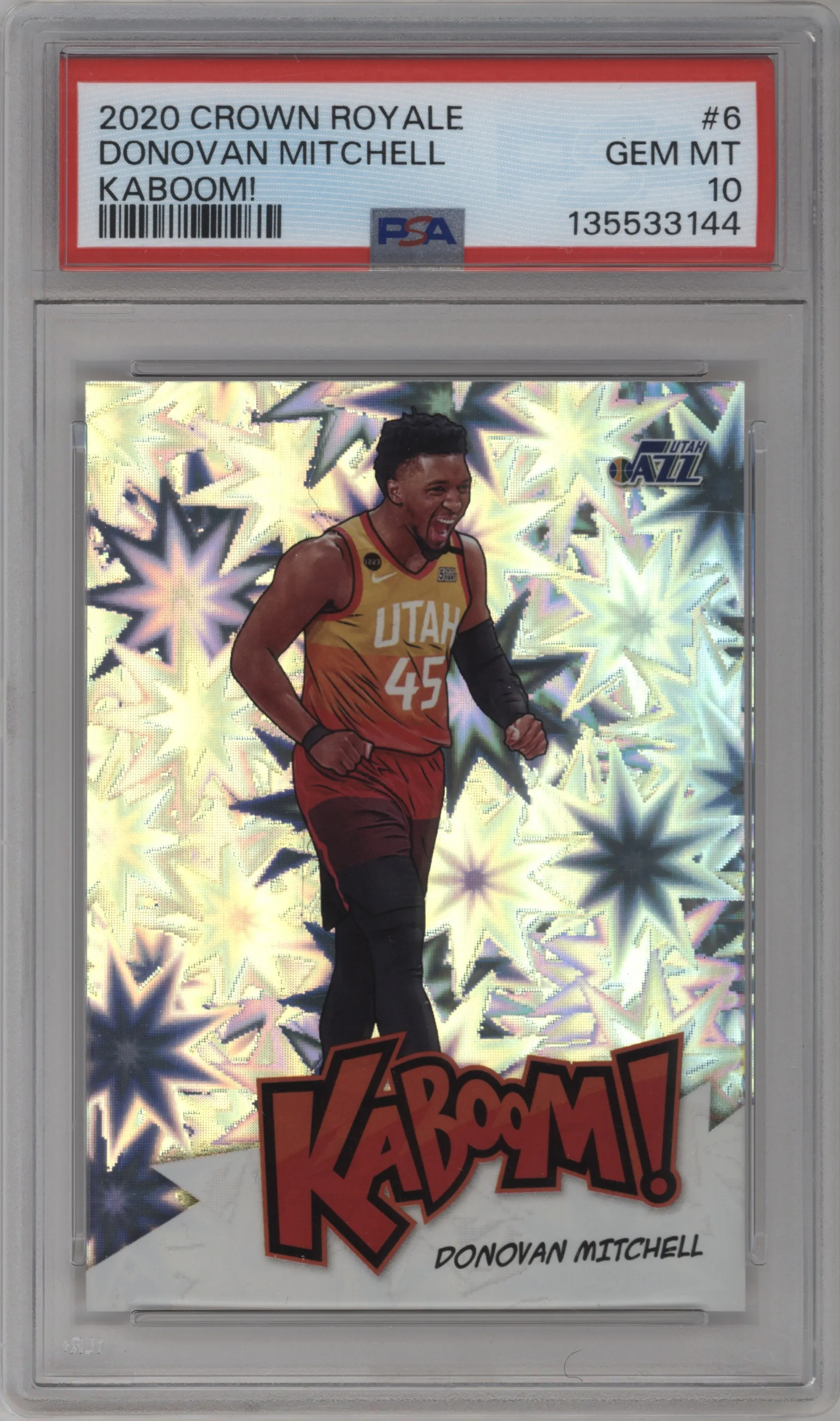 Donovan Mitchell from the 2020-21 Panini Crown Royale set graded by PSA and given an overall grade of 10.