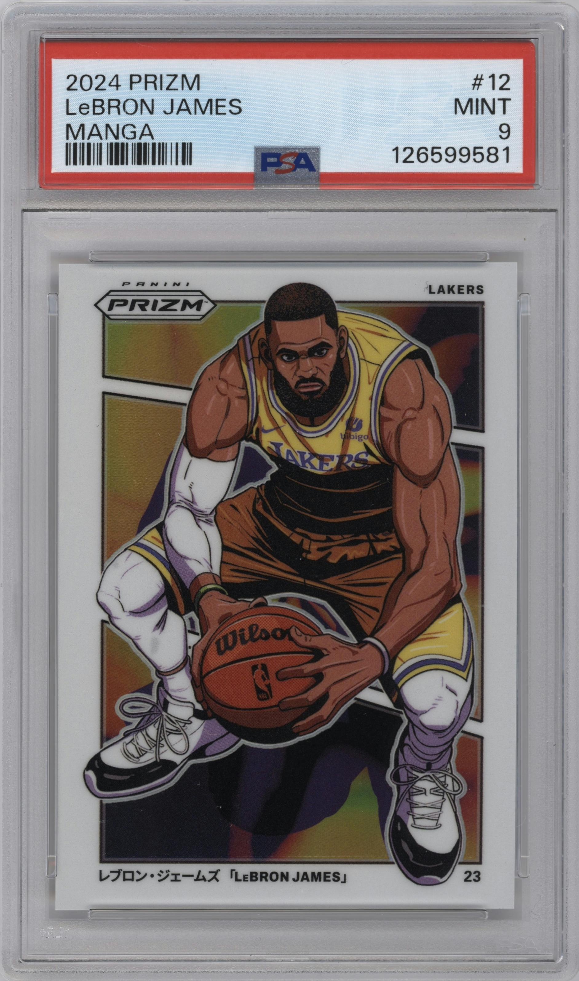 LeBron James from the 2024-25 Panini Prizm set graded by PSA and given an overall grade of 9.
