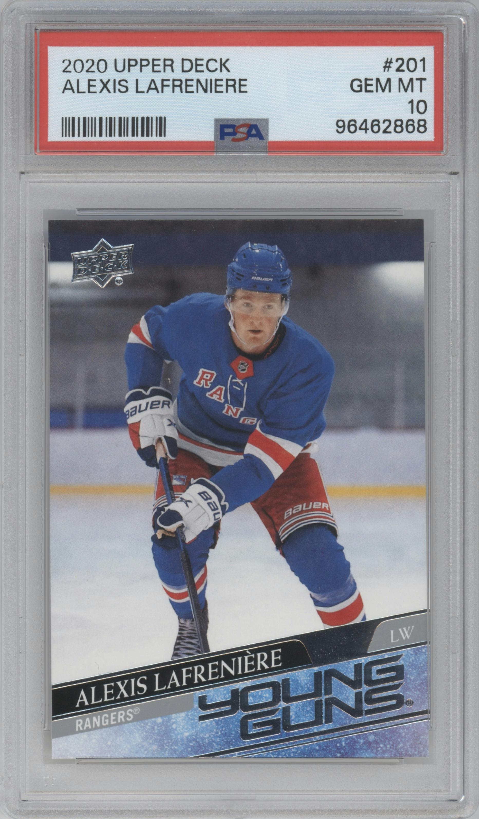Alexis Lafreniere from the 2020-21 Upper Deck Series 1 set graded by PSA and given an overall grade of 10.