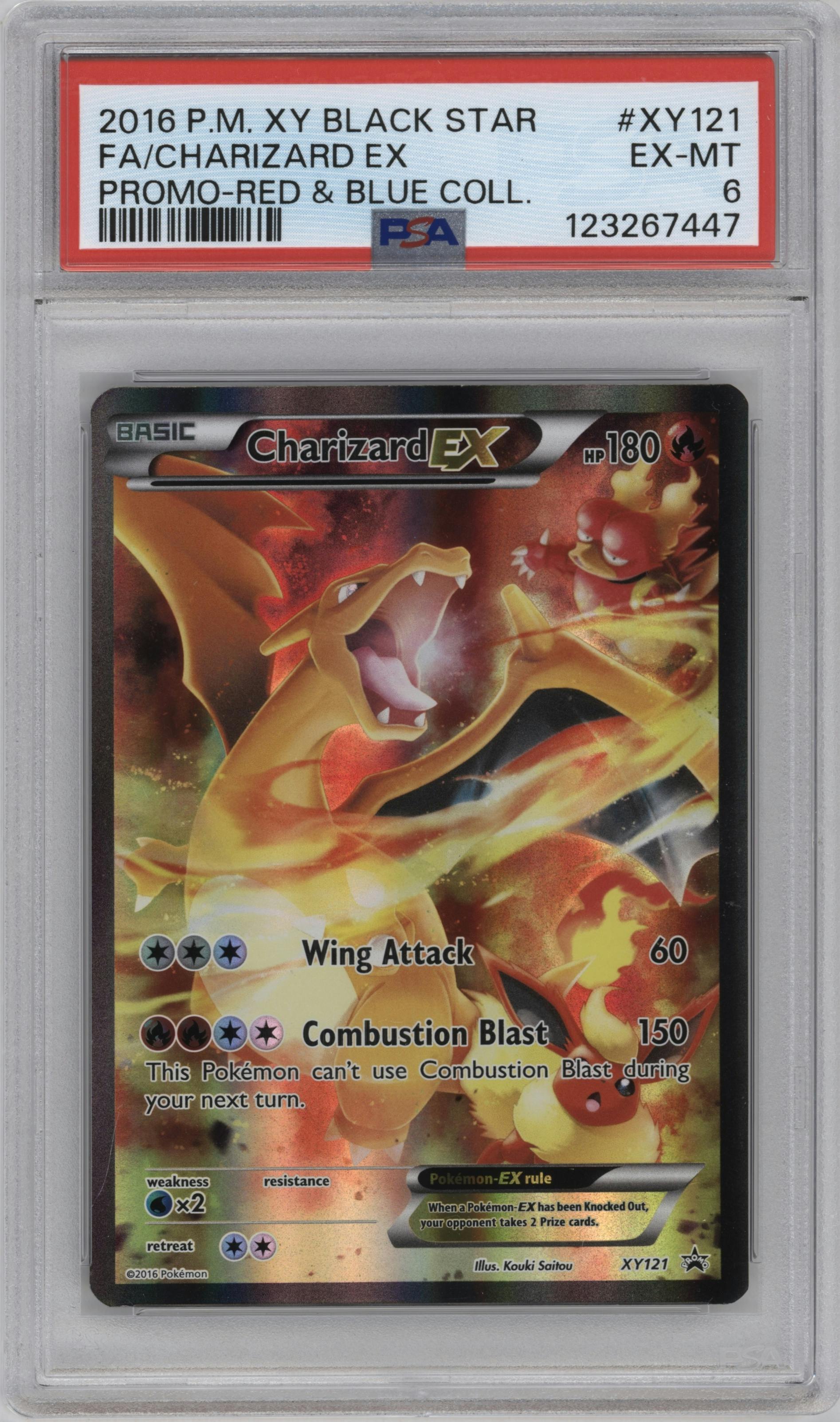 Charizard EX from the 2016 Pokemon XY set featuring a Blue Red Collection Box parallel graded by PSA and given an overall grade of 6.