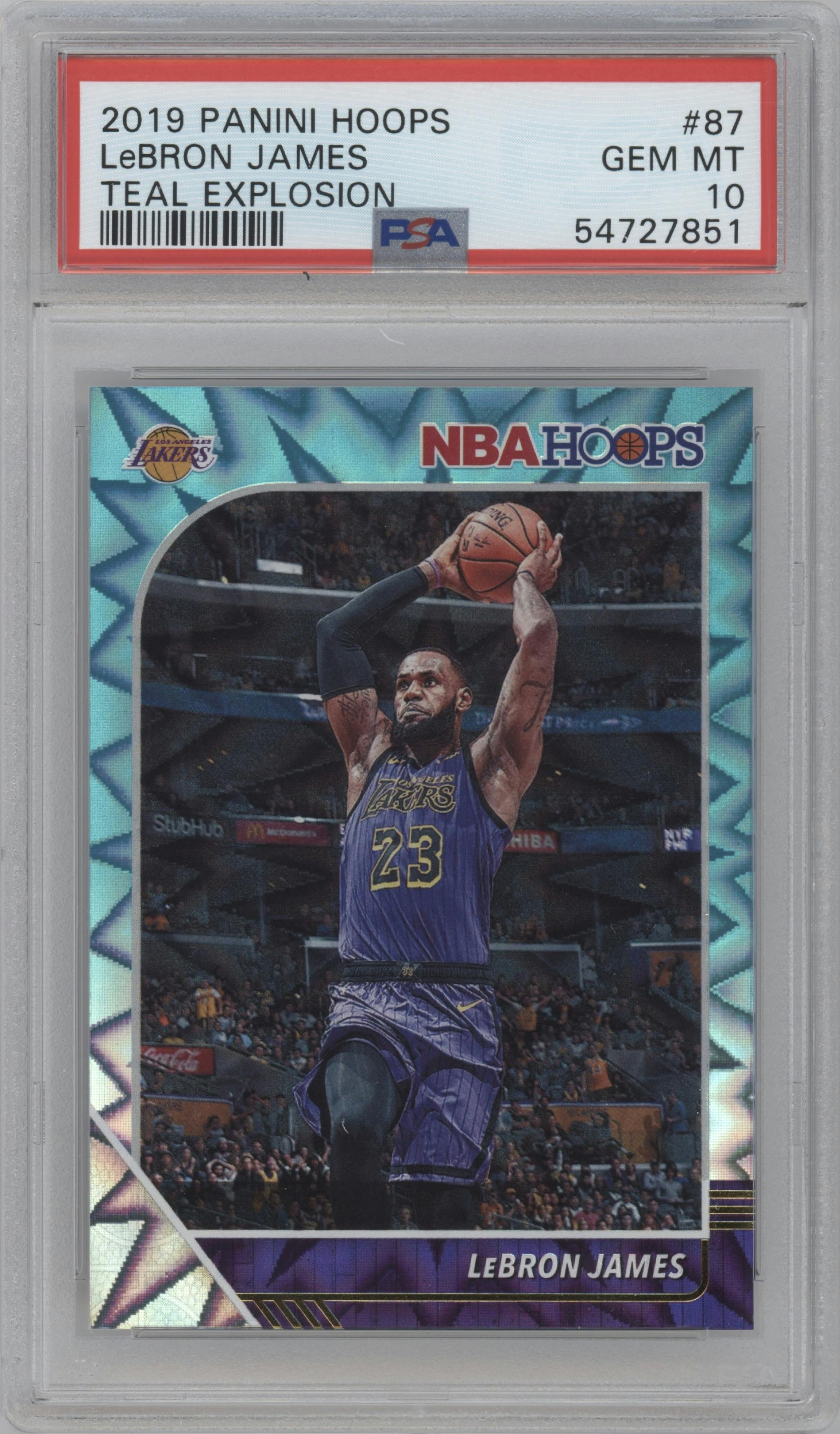 LeBron James from the 2019-20 Panini NBA Hoops set featuring a Teal Explosion parallel graded by PSA and given an overall grade of 10.