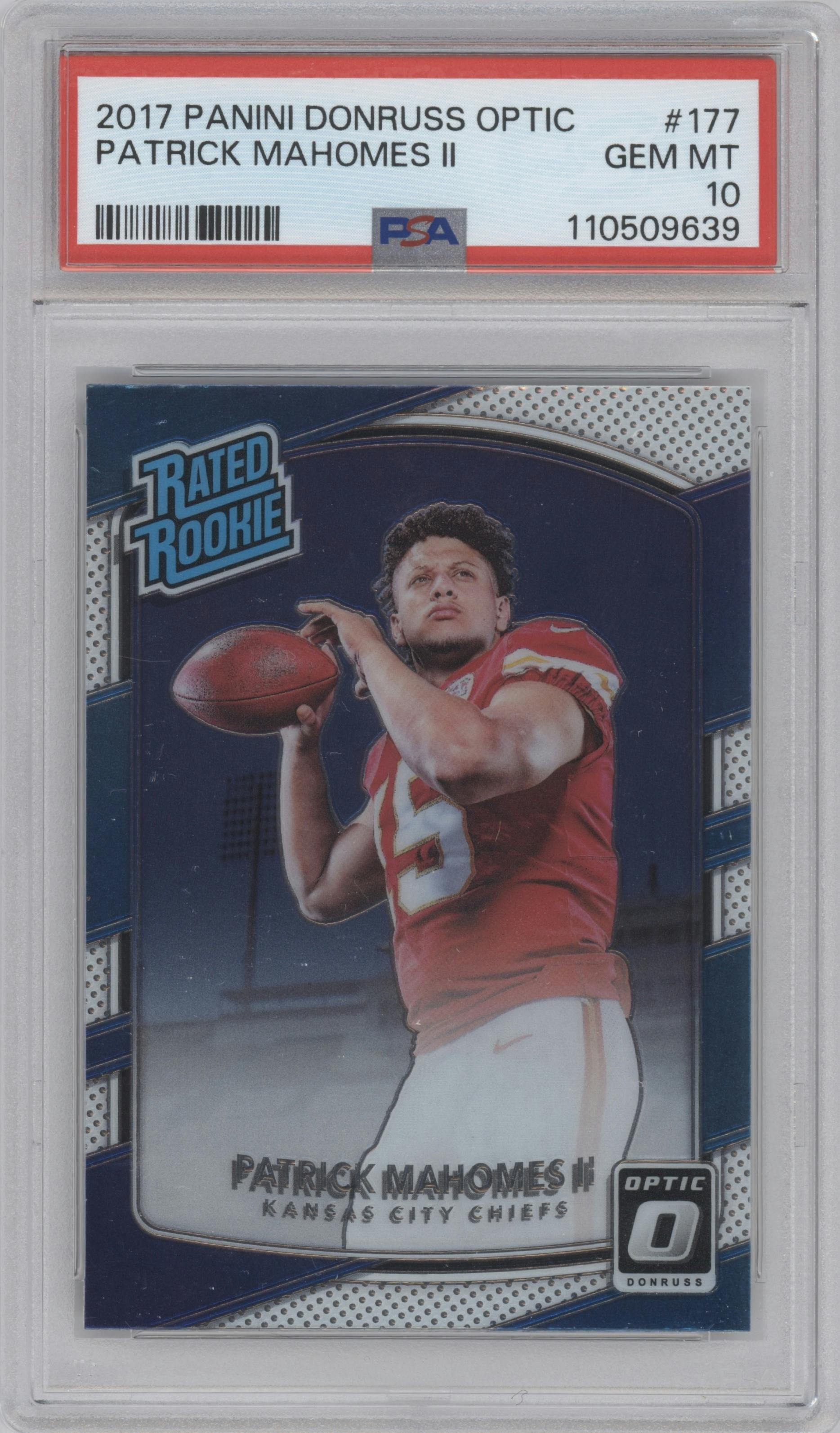 Patrick Mahomes II from the 2017 Panini Donruss Optic set graded by PSA and given an overall grade of 10.