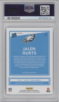 Jalen Hurts from the 2020 Panini Donruss Optic set featuring a Blue Scope parallel graded by PSA and given an overall grade of 10.