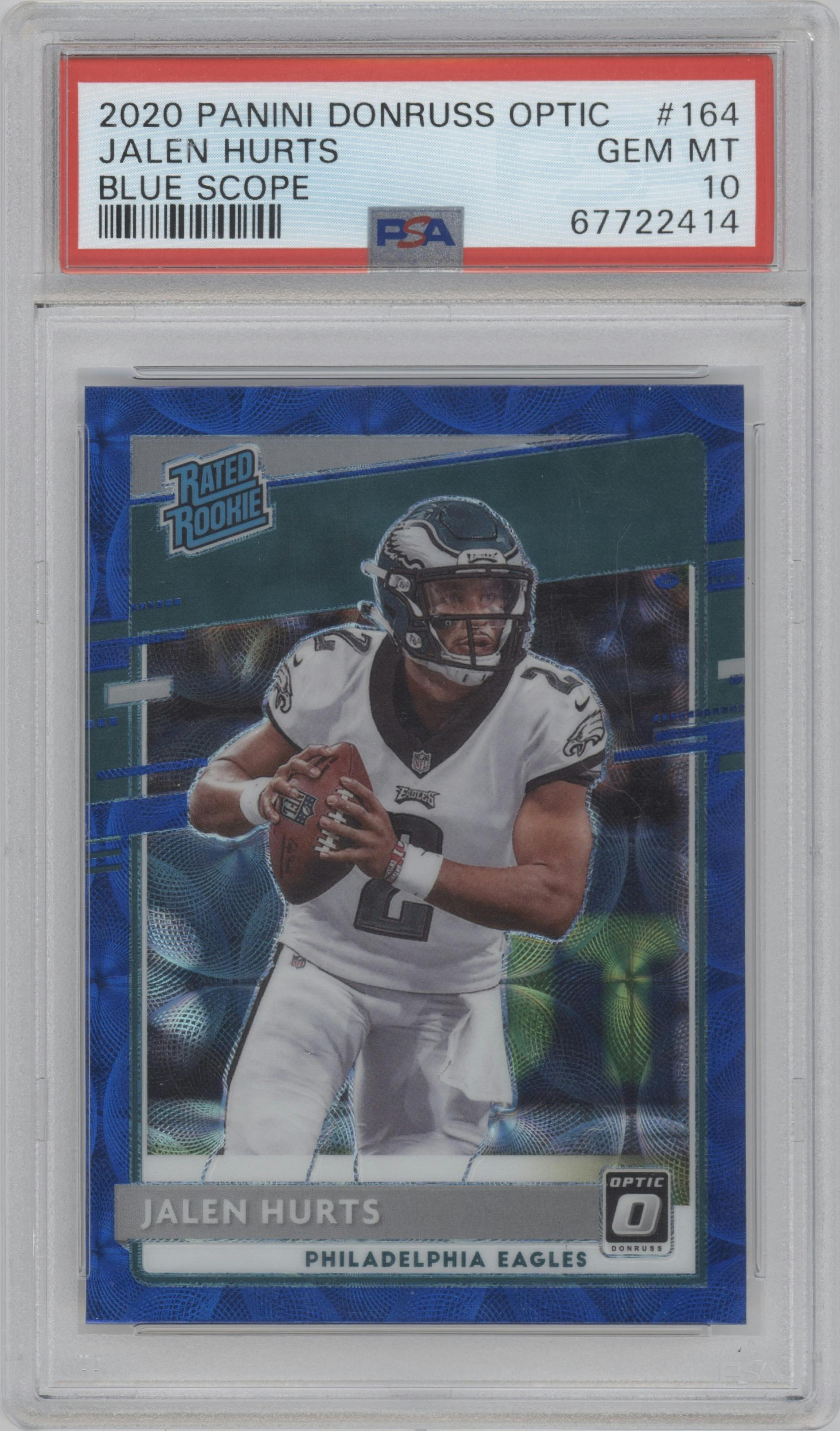 Jalen Hurts from the 2020 Panini Donruss Optic set featuring a Blue Scope parallel graded by PSA and given an overall grade of 10.