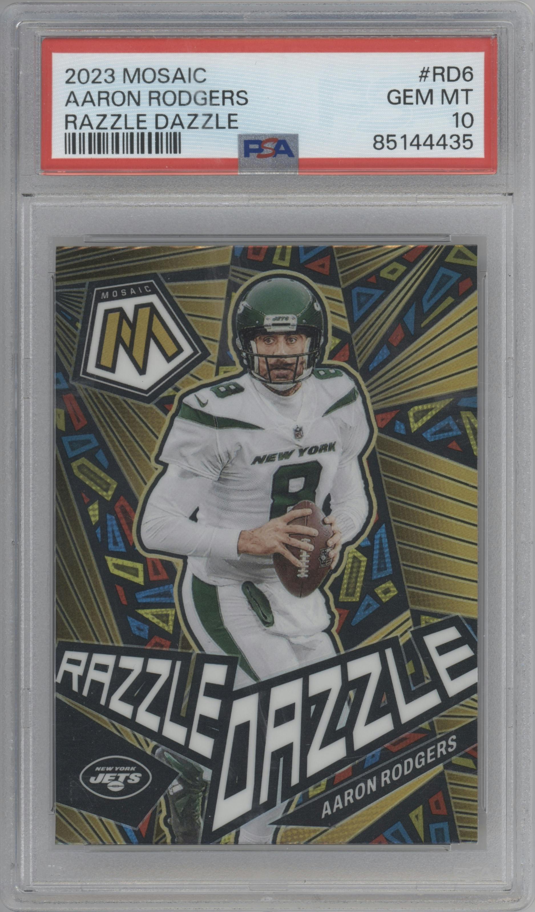 Aaron Rodgers from the 2023 Panini Mosaic set graded by PSA and given an overall grade of 10.