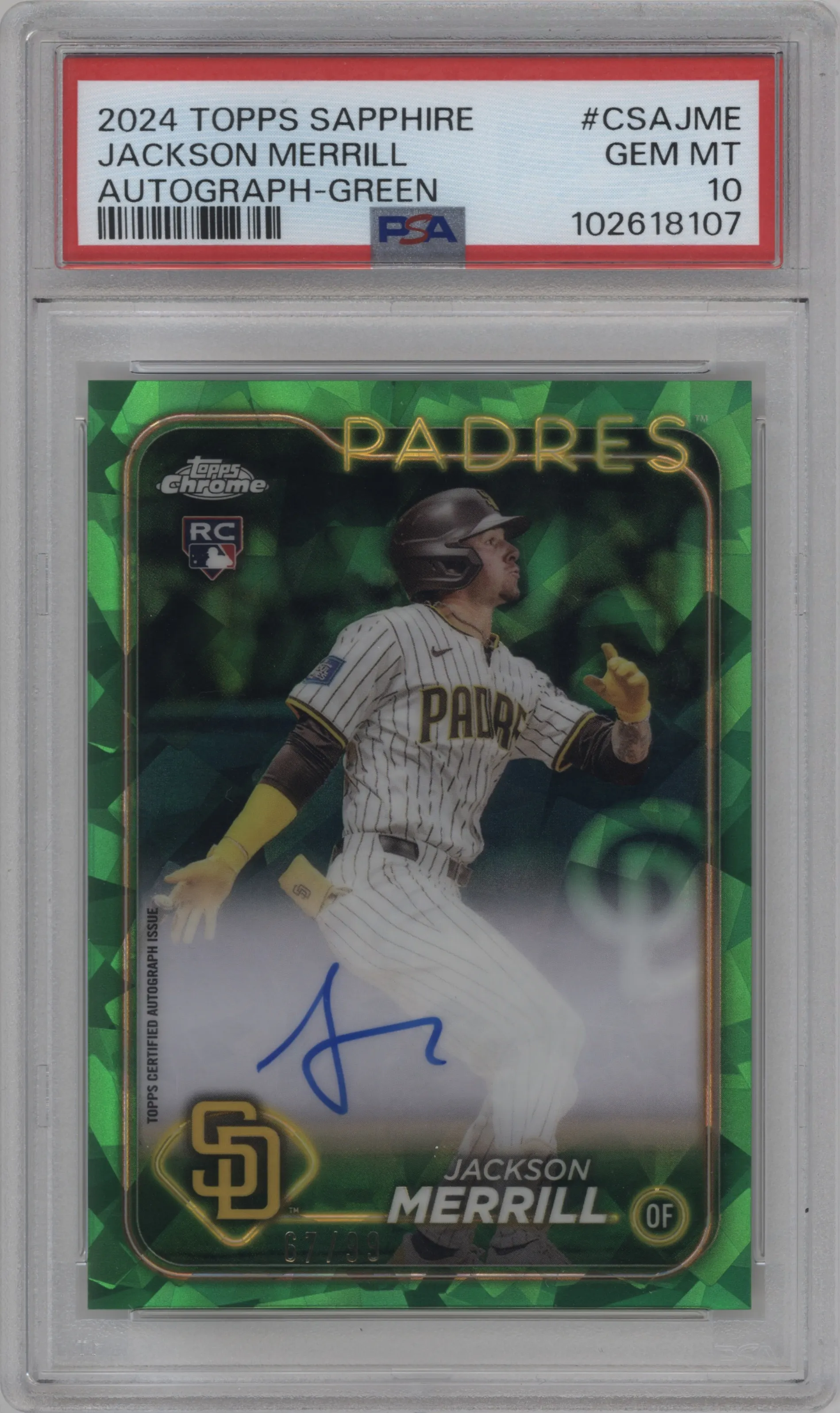 2024 Topps Chrome Sapphire Auto Jackson Merrill Green PSA 10