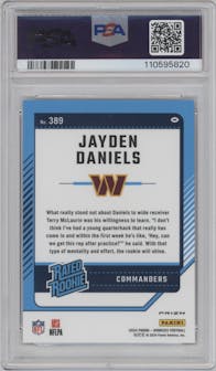 Jayden Daniels from the 2024 Donruss set featuring a Football Emoji parallel graded by PSA and given an overall grade of 10.