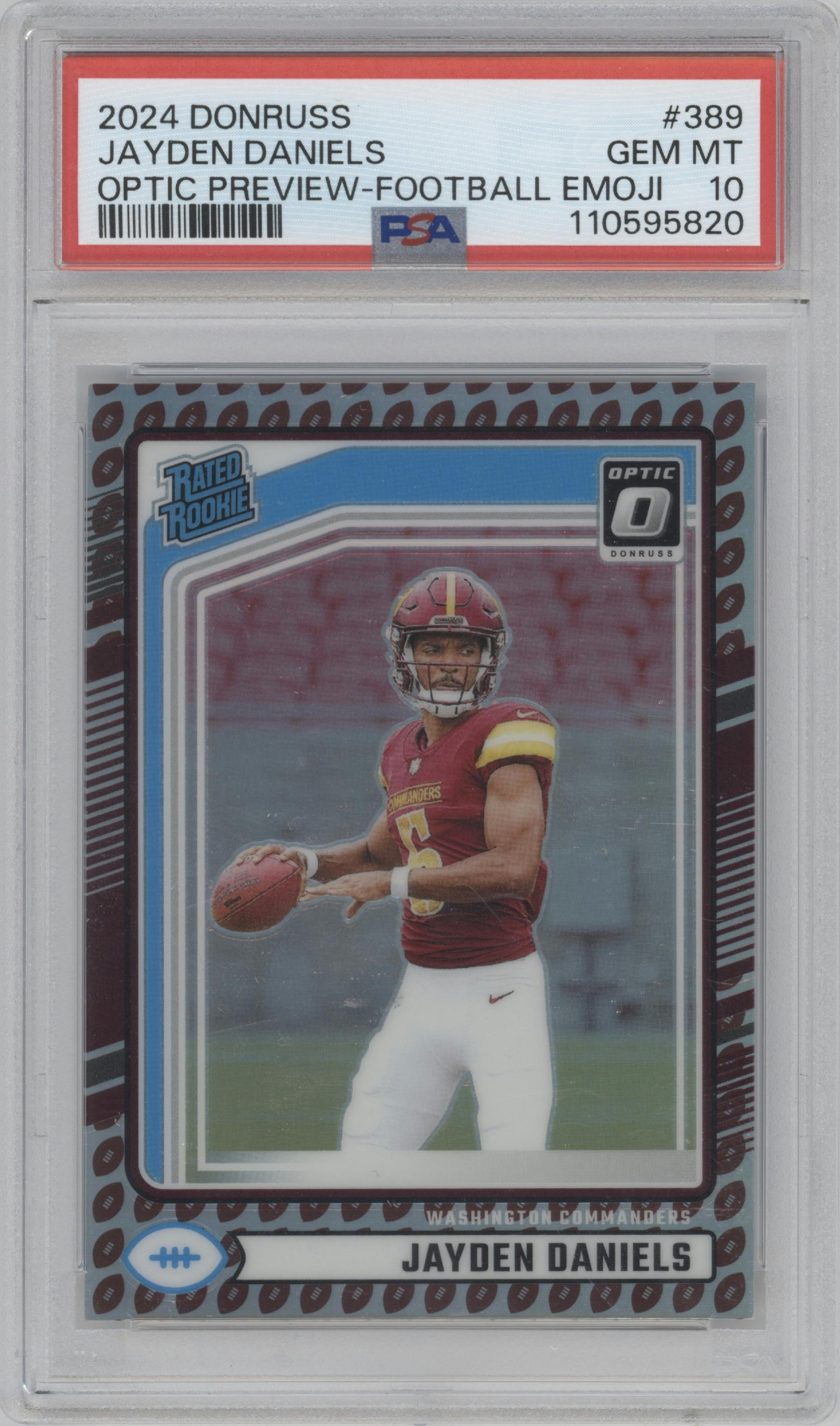 Jayden Daniels from the 2024 Donruss set featuring a Football Emoji parallel graded by PSA and given an overall grade of 10.
