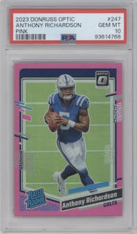 Anthony Richardson from the 2023 Donruss Optic set featuring a Pink parallel graded by PSA and given an overall grade of 10.