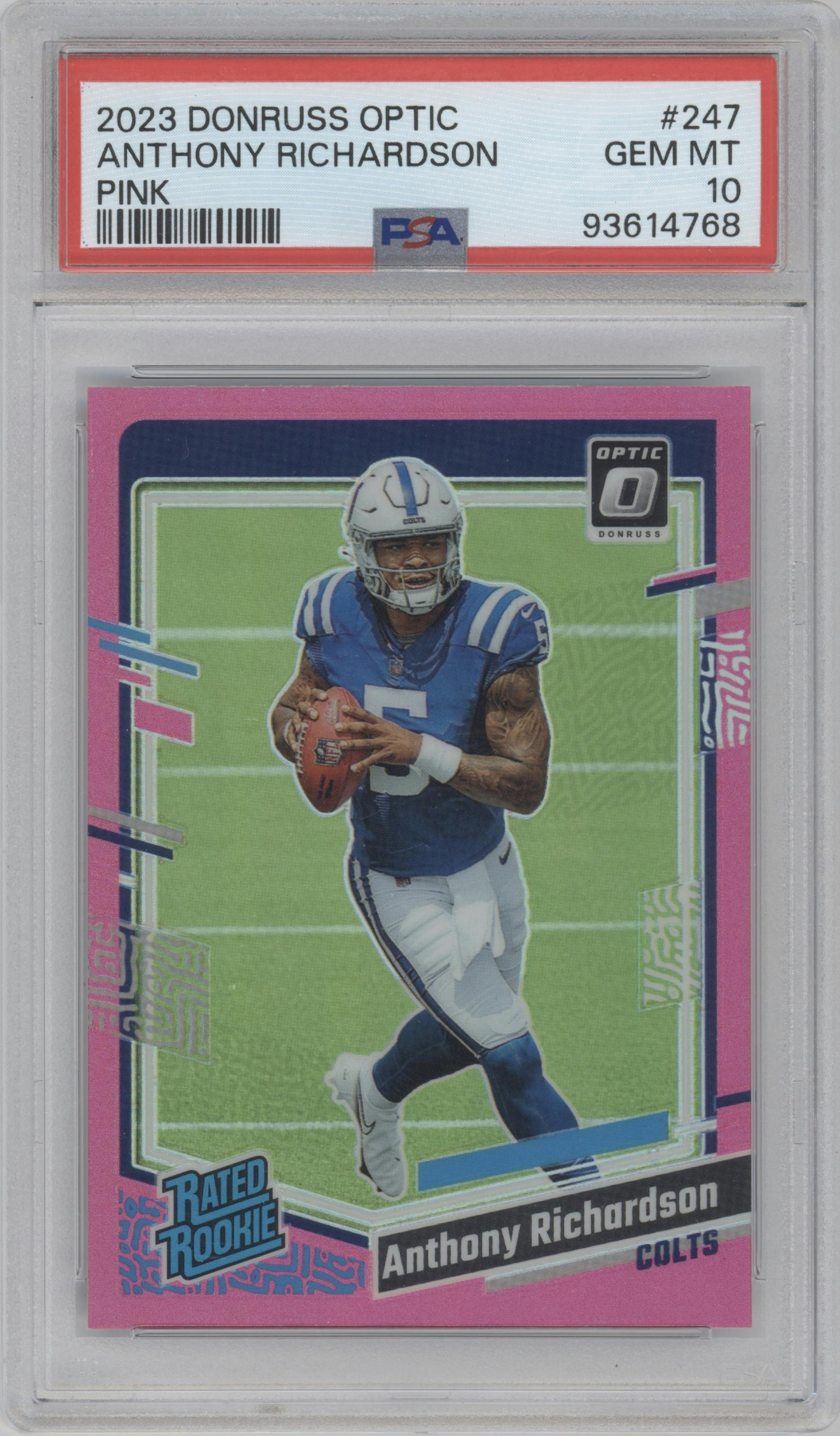 Anthony Richardson from the 2023 Donruss Optic set featuring a Pink parallel graded by PSA and given an overall grade of 10.