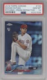 Shohei Ohtani from the 2018 Topps Chrome set featuring a Prism Refractor parallel graded by PSA and given an overall grade of 10.