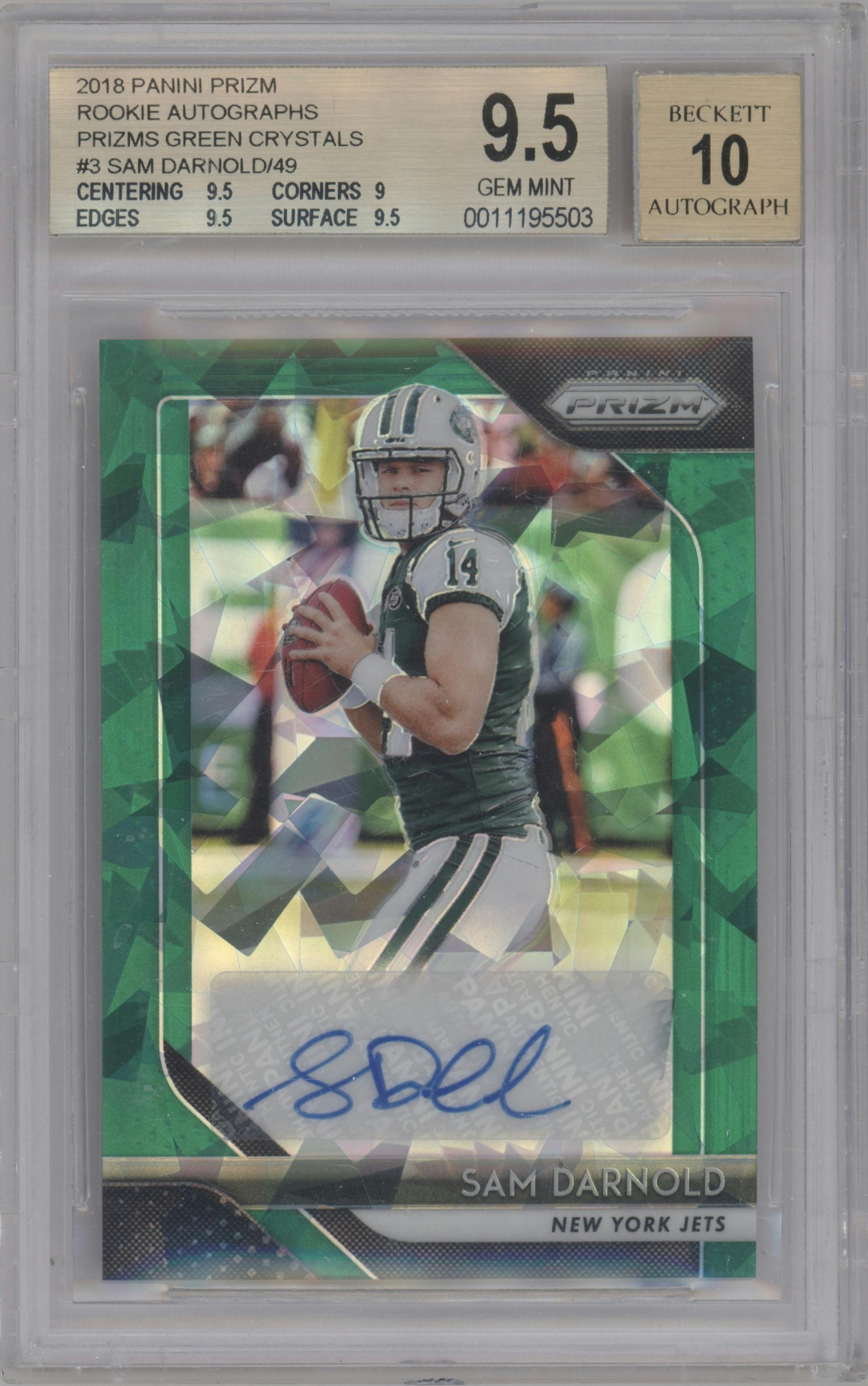 Sam Darnold from the 2018 Panini Prizm set featuring a Green Crystals parallel graded by Beckett and given an overall grade of 9.5.