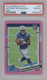 Anthony Richardson from the 2023 Donruss Optic set featuring a Pink parallel graded by PSA and given an overall grade of 10.