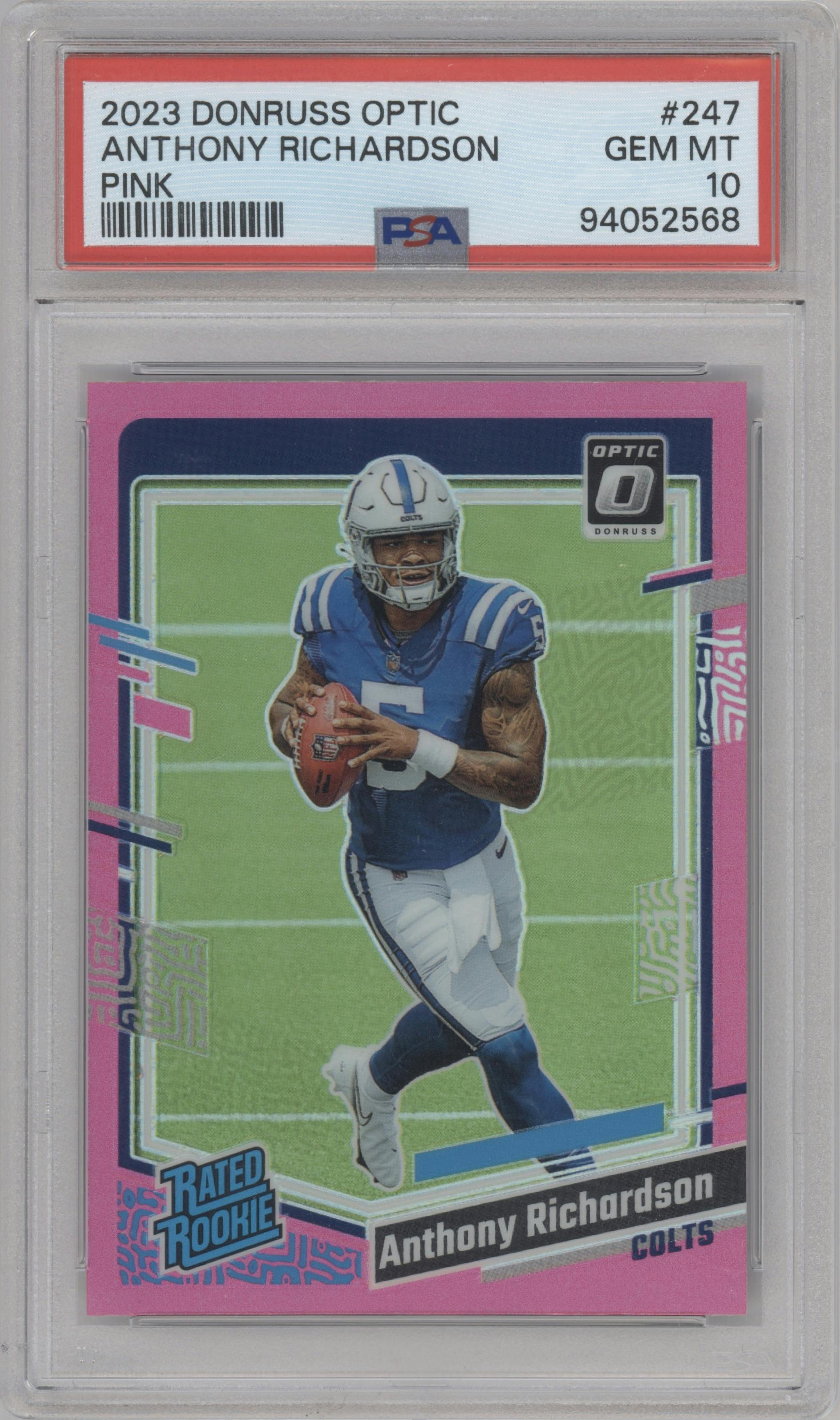 Anthony Richardson from the 2023 Donruss Optic set featuring a Pink parallel graded by PSA and given an overall grade of 10.