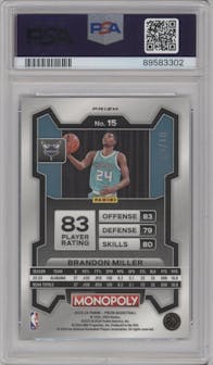 Brandon Miller from the 2023-24 Panini Prizm Monopoly set featuring a Blue Millionaire Shimmer parallel graded by PSA and given an overall grade of 9.