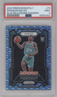 Brandon Miller from the 2023-24 Panini Prizm Monopoly set featuring a Blue Millionaire Shimmer parallel graded by PSA and given an overall grade of 9.
