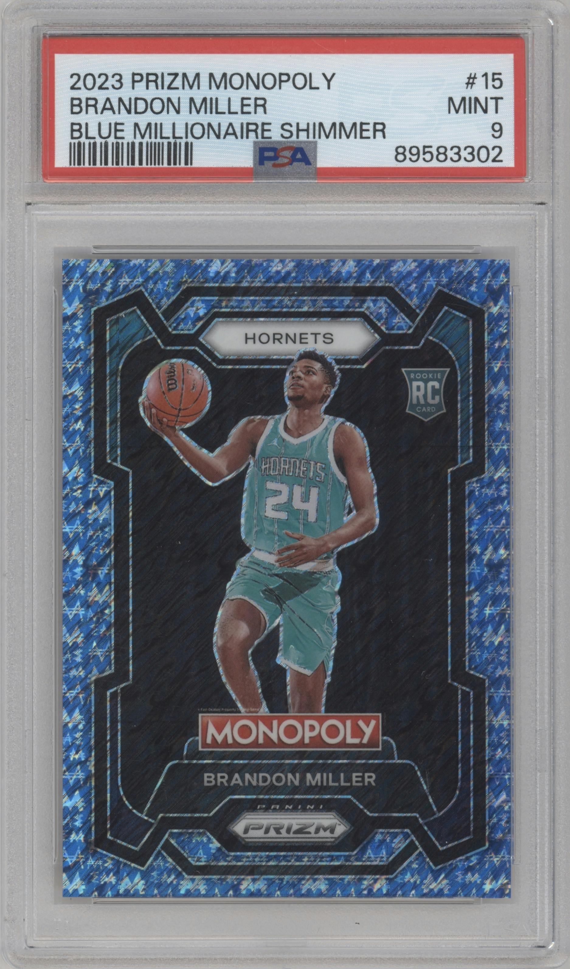 Brandon Miller from the 2023-24 Panini Prizm Monopoly set featuring a Blue Millionaire Shimmer parallel graded by PSA and given an overall grade of 9.