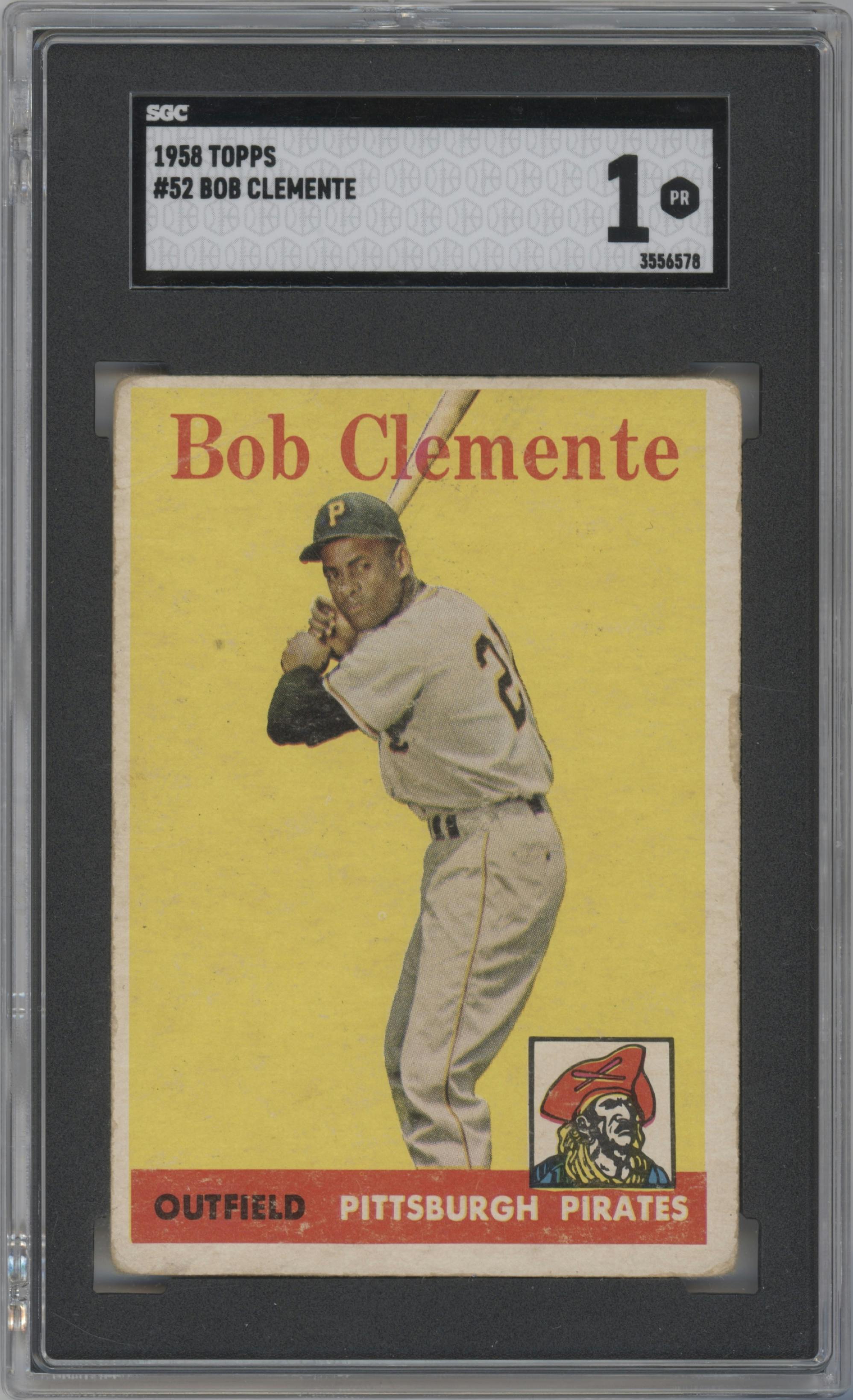 Roberto Clemente from the 1958 Topps set graded by SGC and given an overall grade of 1.
