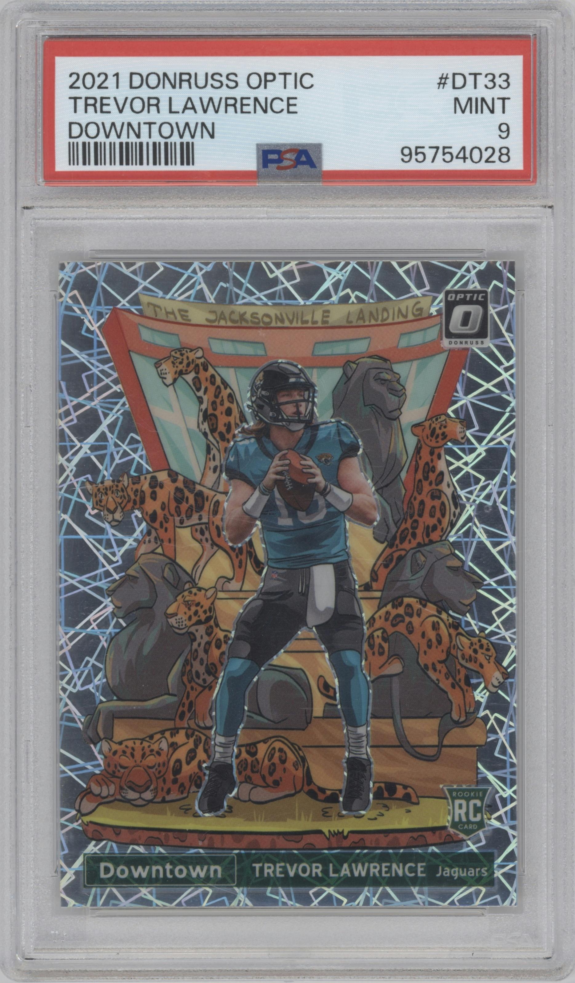 Trevor Lawrence from the 2021 Panini Donruss Optic set graded by PSA and given an overall grade of 9.
