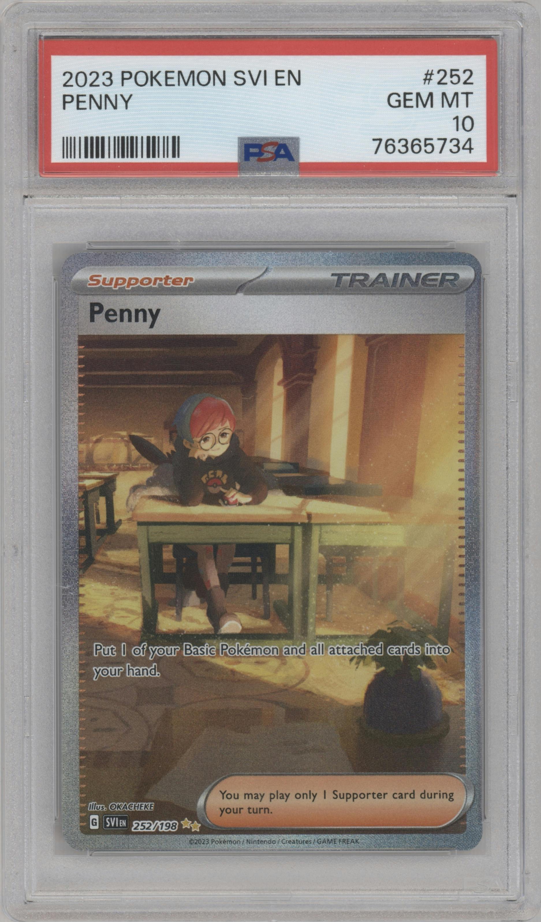 Penny from the 2023 Pokemon SV set graded by PSA and given an overall grade of 10.