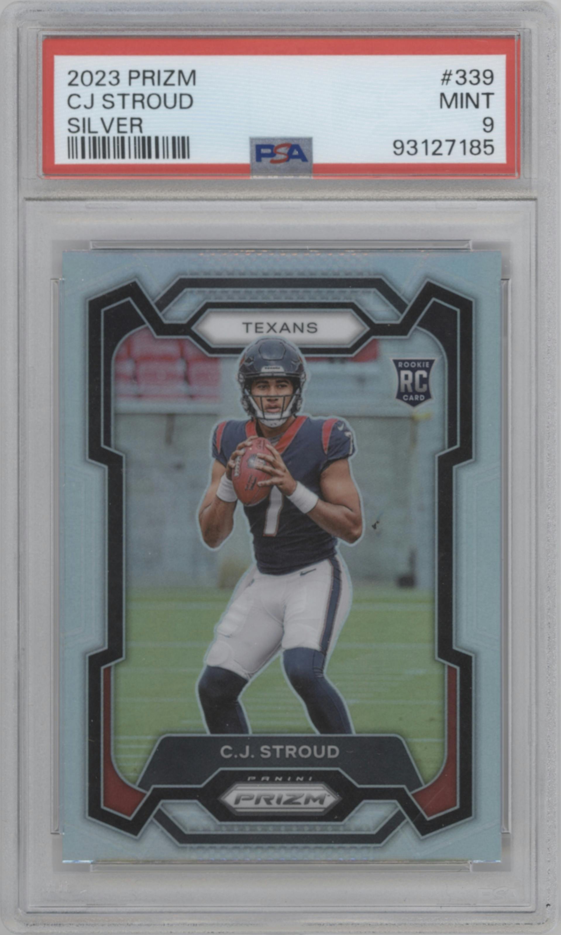 C.J. Stroud from the 2023 Panini Prizm set featuring a Silver Prizm parallel graded by PSA and given an overall grade of 9.