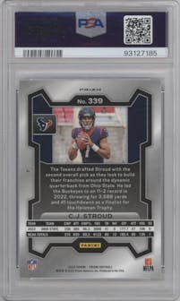 C.J. Stroud from the 2023 Panini Prizm set featuring a Silver Prizm parallel graded by PSA and given an overall grade of 9.