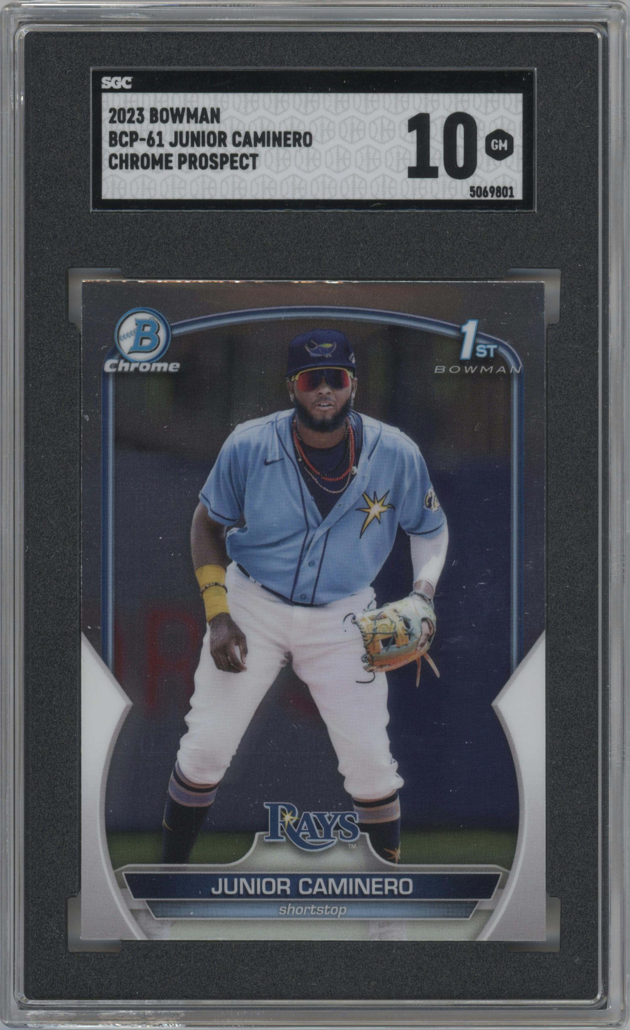 Junior Caminero from the 2023 Bowman  set graded by SGC and given an overall grade of 10.