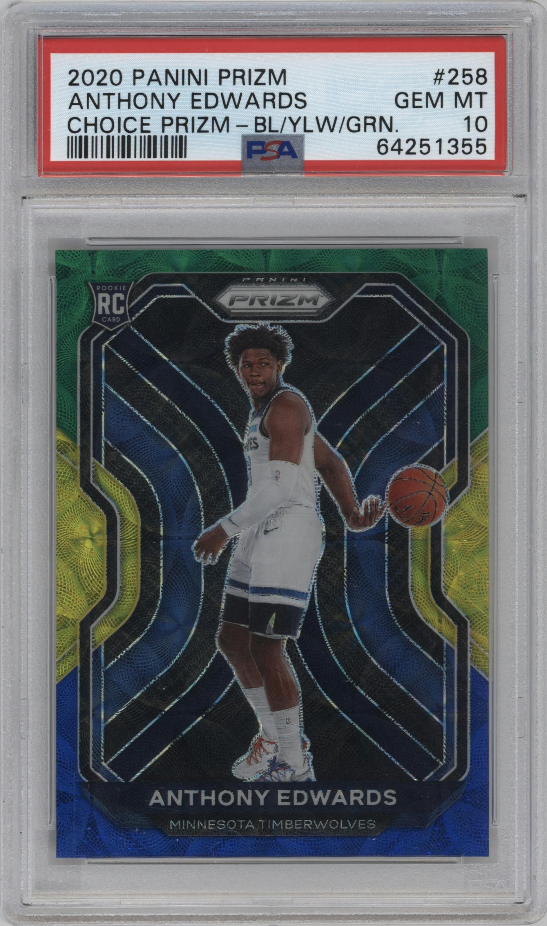 Anthony Edwards from the 2020-21 Panini Prizm set featuring a Choice Blue/Yellow/Green parallel graded by PSA and given an overall grade of 10.
