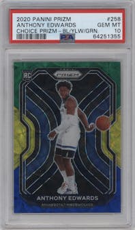 Anthony Edwards from the 2020-21 Panini Prizm set featuring a Choice Blue/Yellow/Green parallel graded by PSA and given an overall grade of 10.