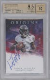 Lamar Jackson from the 2018 Panini Origins set featuring a Red parallel graded by Beckett and given an overall grade of 9.5.