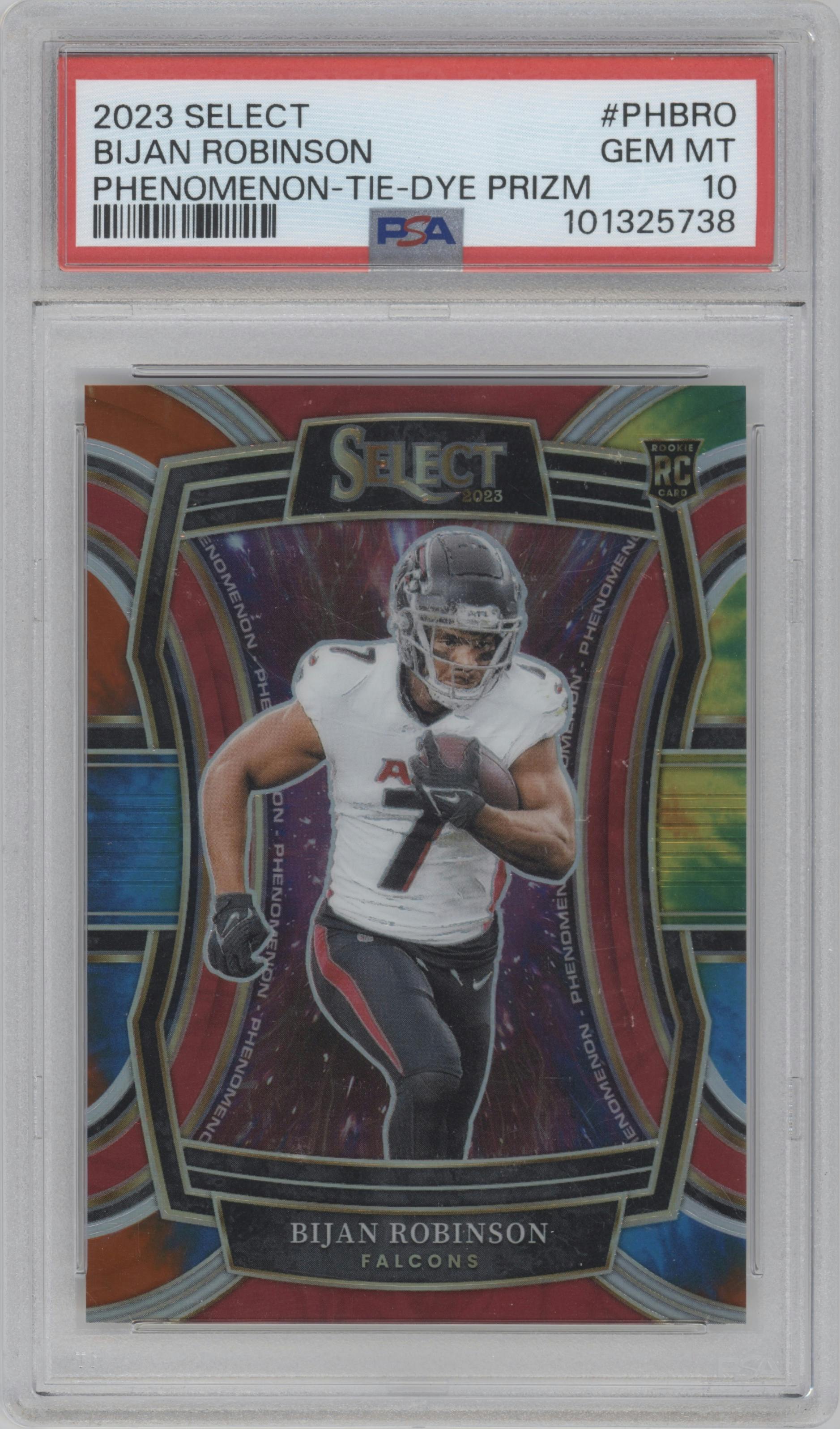 Bijan Robinson from the 2023 Panini Select set featuring a Tie-Dye parallel graded by PSA and given an overall grade of 10.