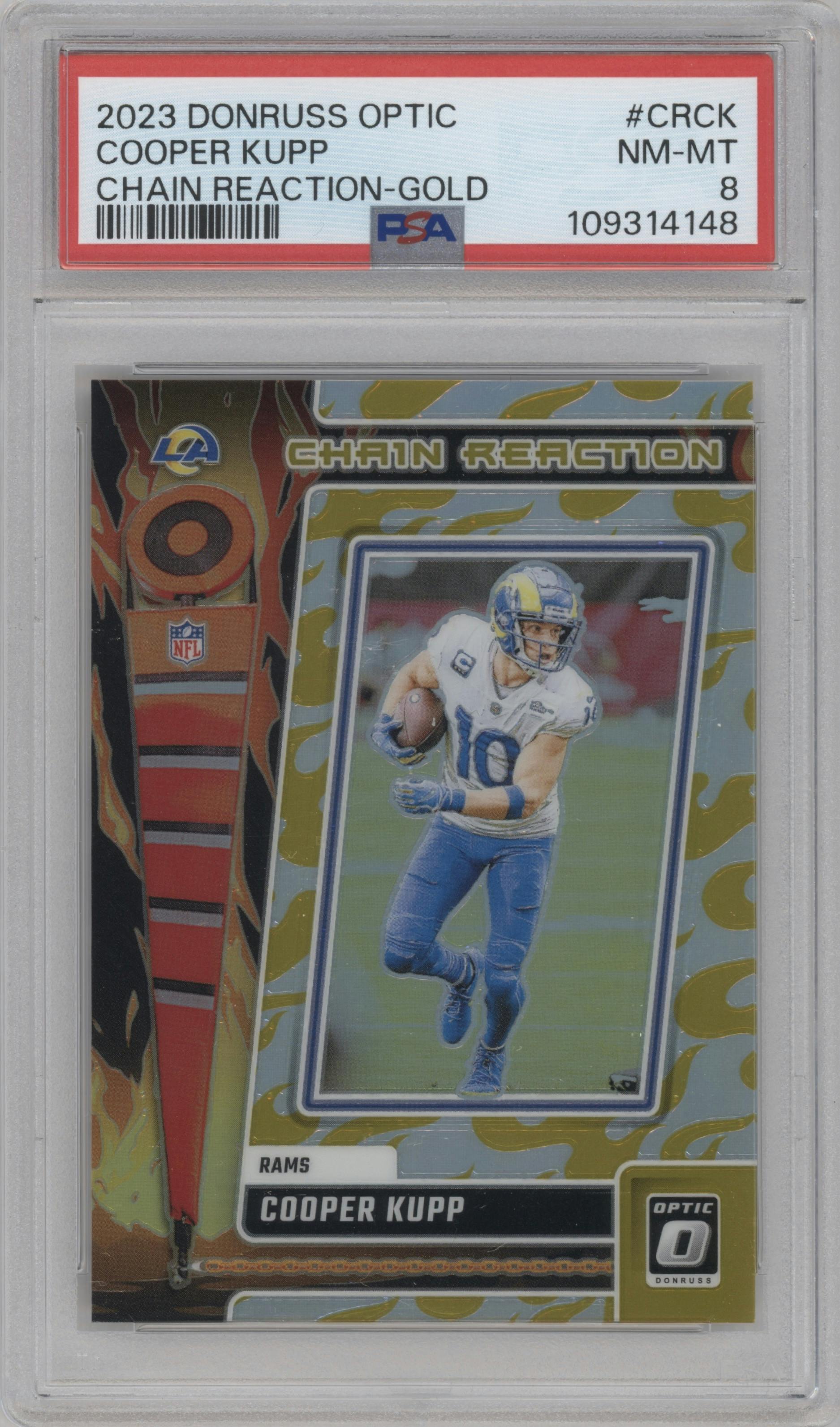 Cooper Kupp from the 2023 Donruss Optic set featuring a Gold  parallel graded by PSA and given an overall grade of 8.