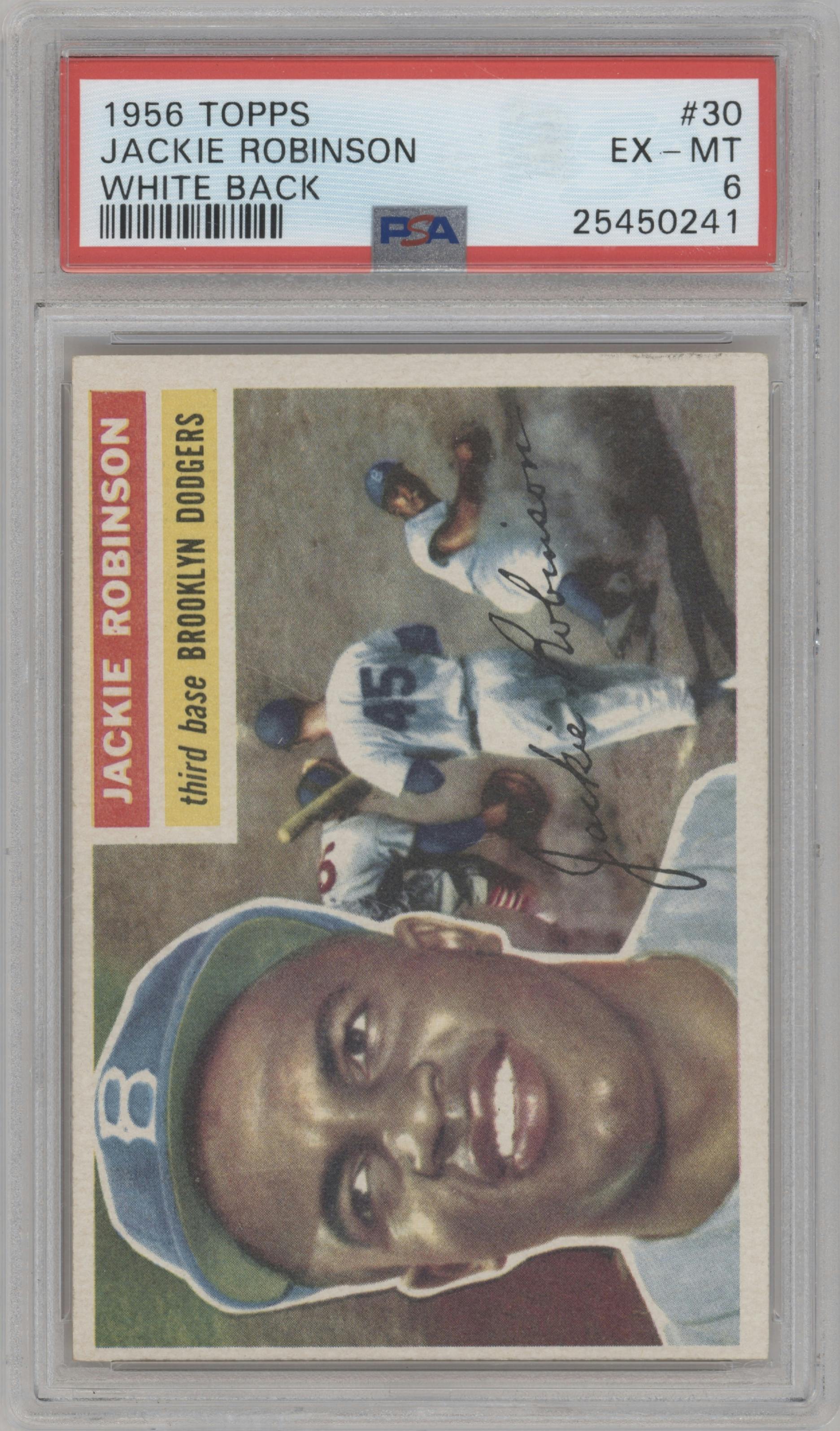Jackie Robinson from the 1956 Topps set featuring a White Back parallel graded by PSA and given an overall grade of 6.