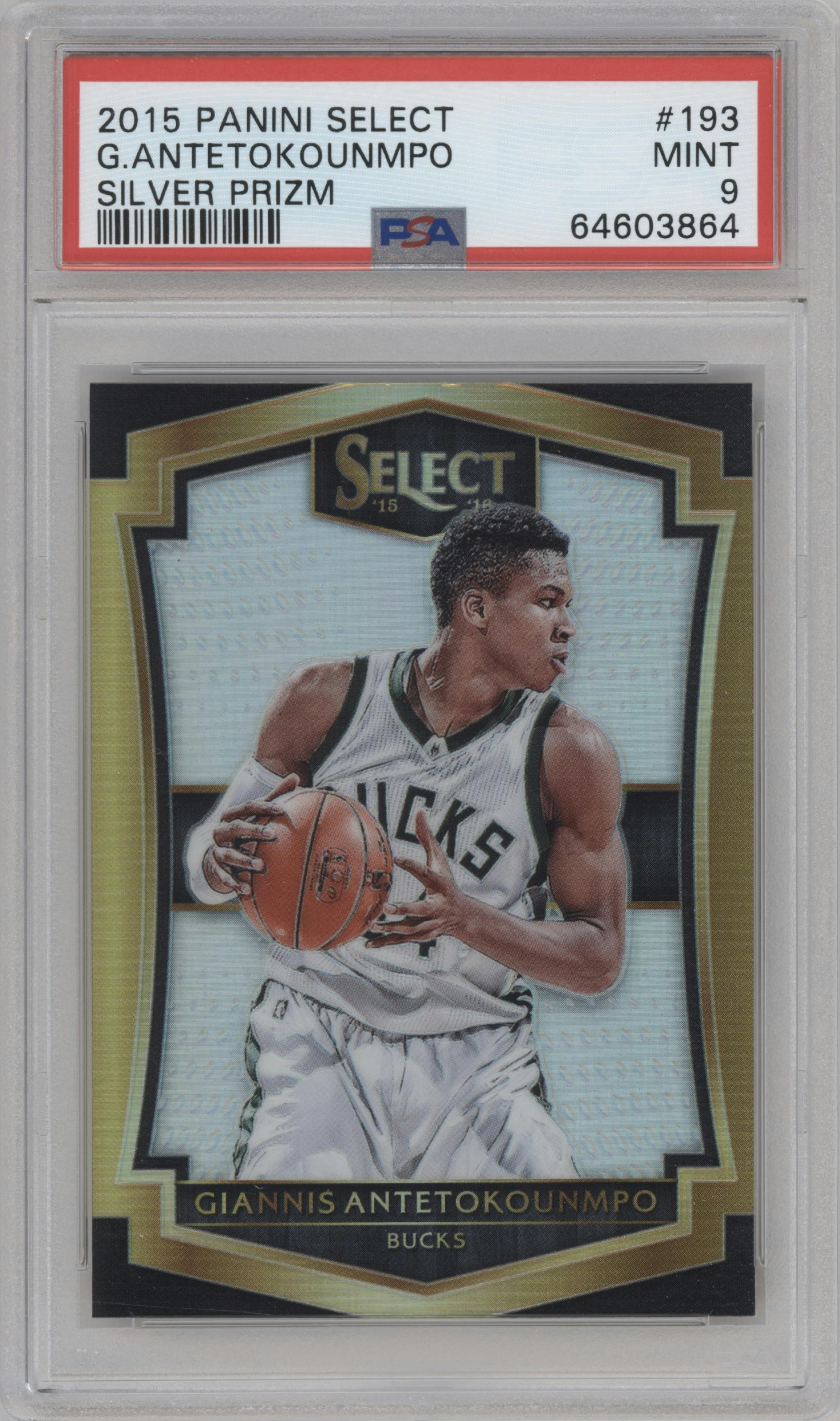 Giannis Antetokounmpo from the 2015-16 Panini Select  set featuring a Silver Prizm parallel graded by PSA and given an overall grade of 9.