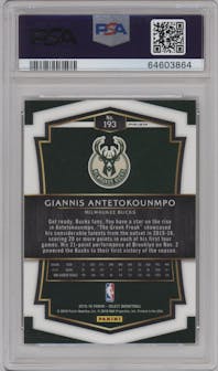 Giannis Antetokounmpo from the 2015-16 Panini Select  set featuring a Silver Prizm parallel graded by PSA and given an overall grade of 9.