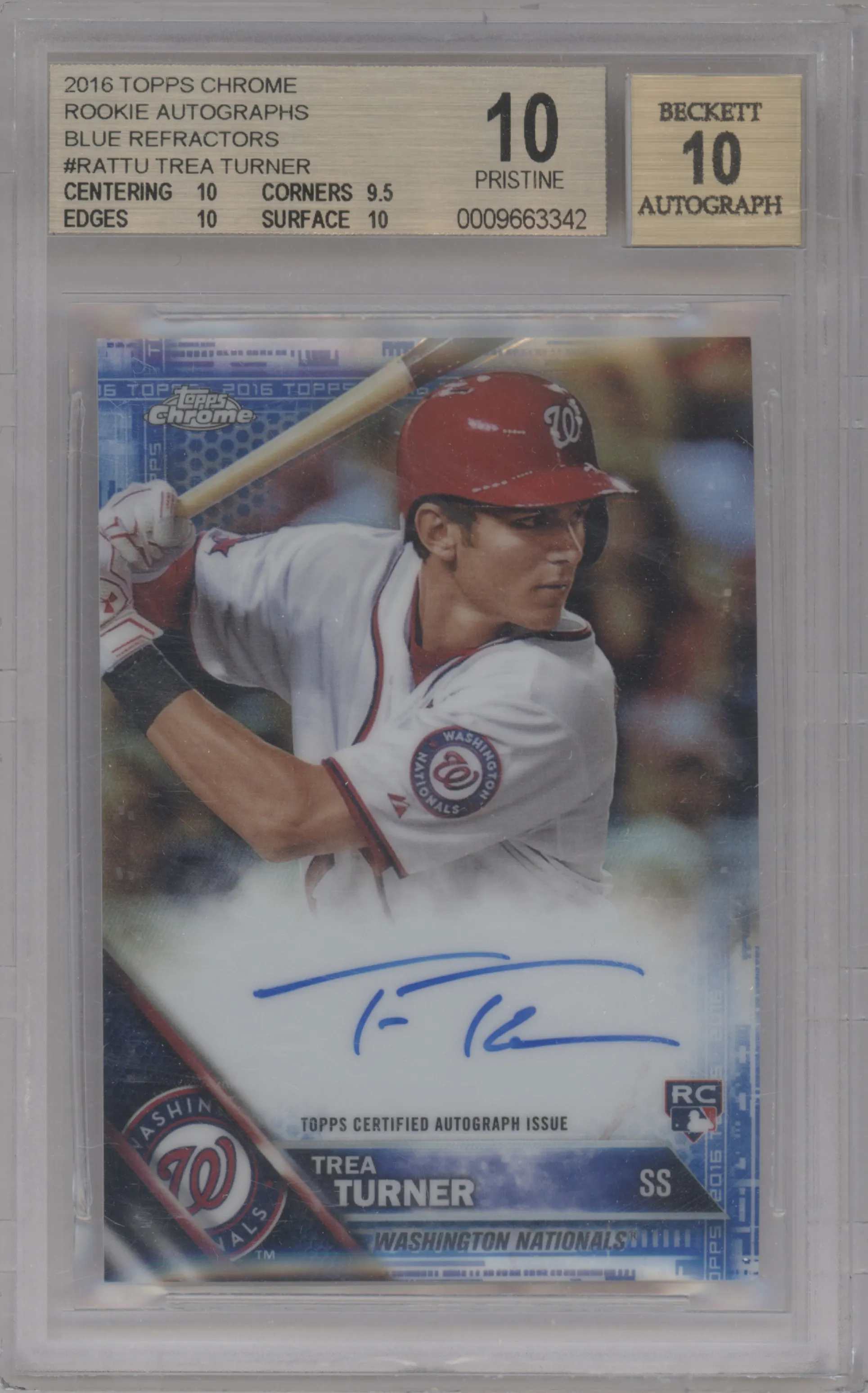 2016 Topps Chrome Rke.Auto Trea Turner Blue Refractor BGS 10