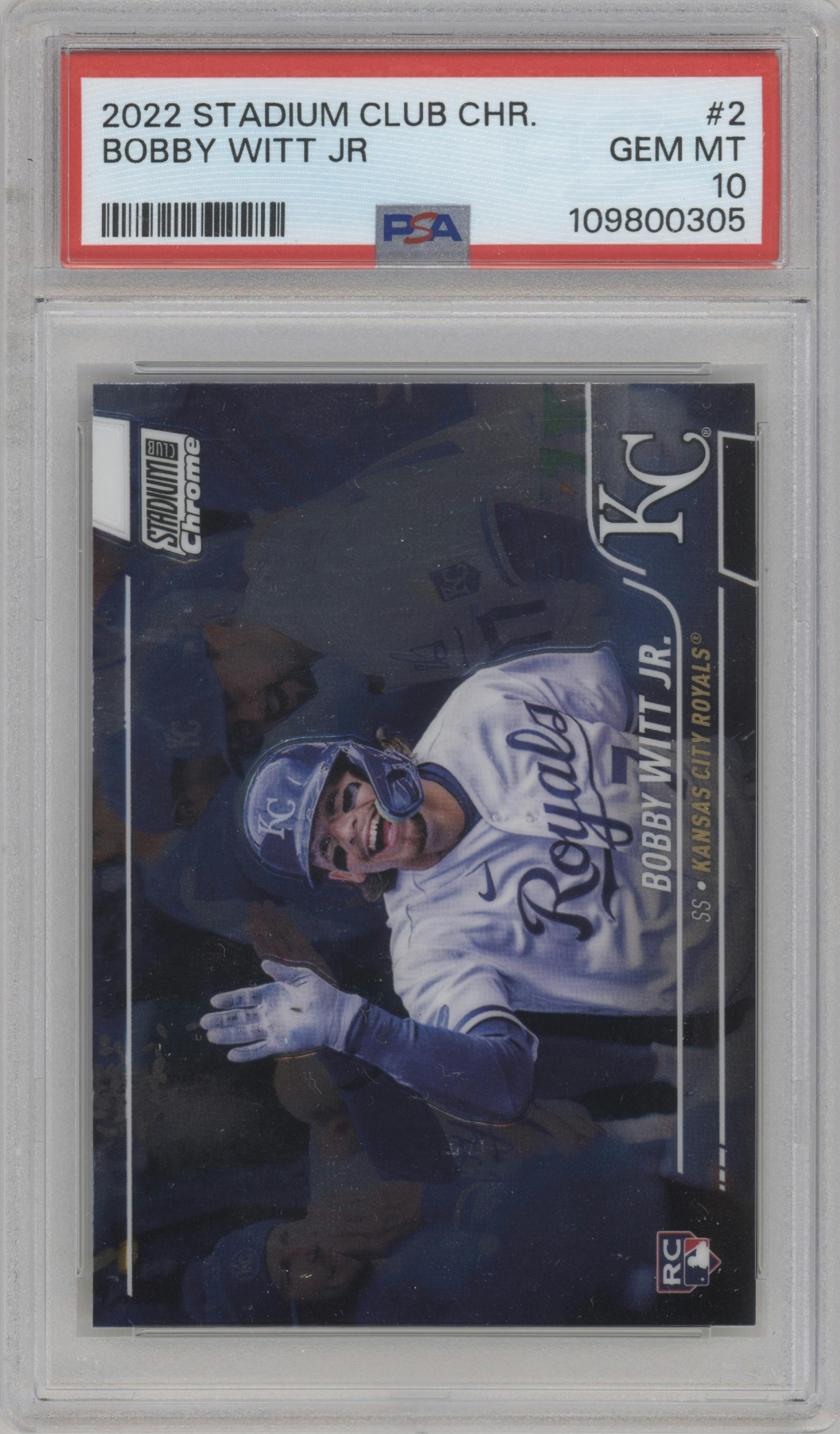 Bobby Witt Jr. from the 2022 Stadium Club Chrome set graded by PSA and given an overall grade of 10.
