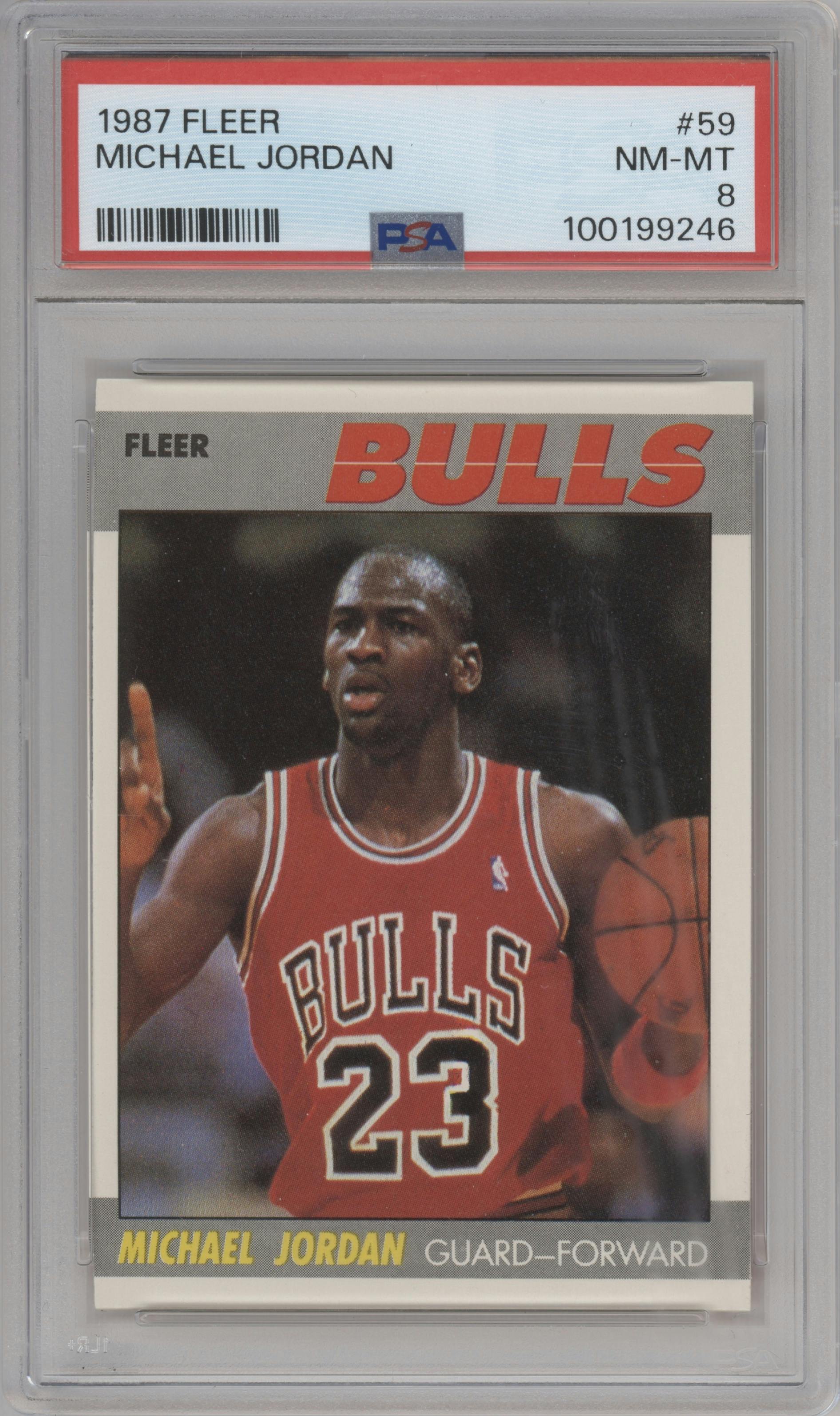 Michael Jordan from the 1987-88 Fleer set graded by PSA and given an overall grade of 8.