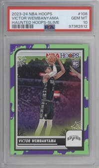 Victor Wembanyama from the 2023-24 Panini Haunted Hoops set featuring a Slime parallel graded by PSA and given an overall grade of 10.