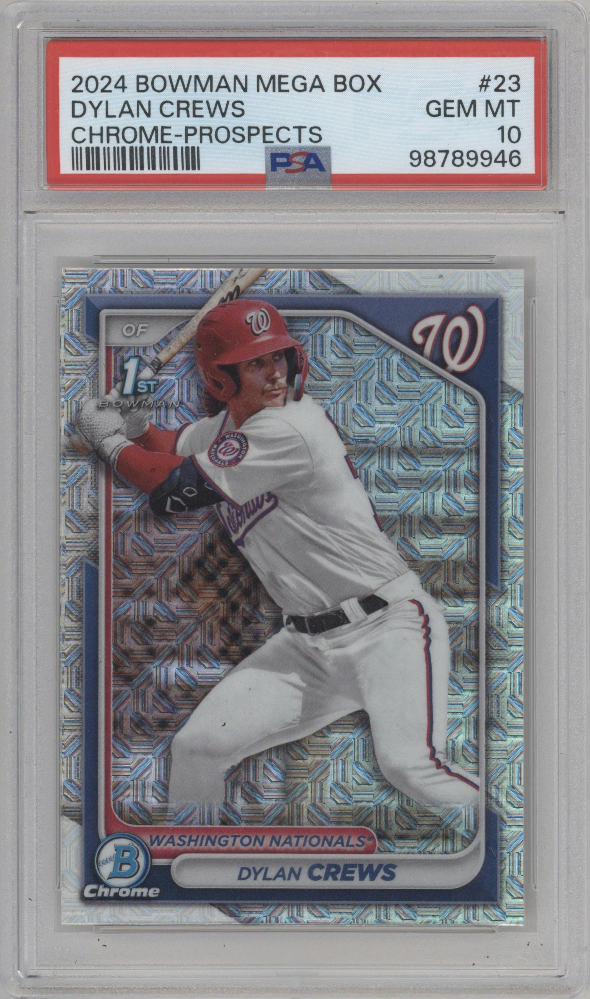 Dylan Crews from the 2024 Bowman Mega Box set graded by PSA and given an overall grade of 10.