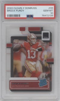 Brock Purdy from the 2022 Clearly Donruss set graded by PSA and given an overall grade of 10.