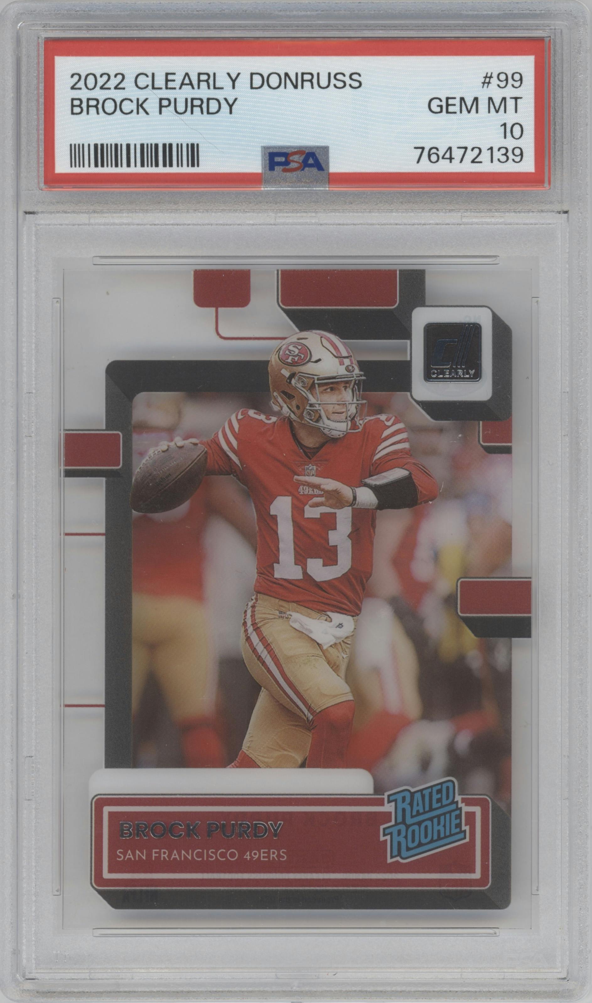 Brock Purdy from the 2022 Clearly Donruss set graded by PSA and given an overall grade of 10.