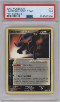 Umbreon Gold Star from the 2007 Pokemon set graded by PSA and given an overall grade of 7.