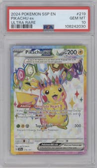 Pikachu ex from the 2024 Pokemon SV set graded by PSA and given an overall grade of 10.
