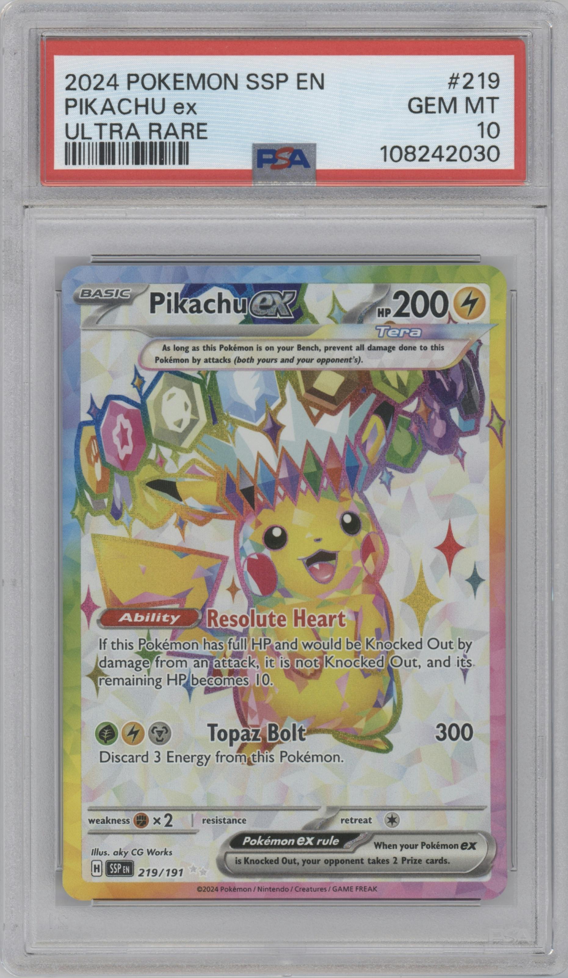 Pikachu ex from the 2024 Pokemon SV set graded by PSA and given an overall grade of 10.