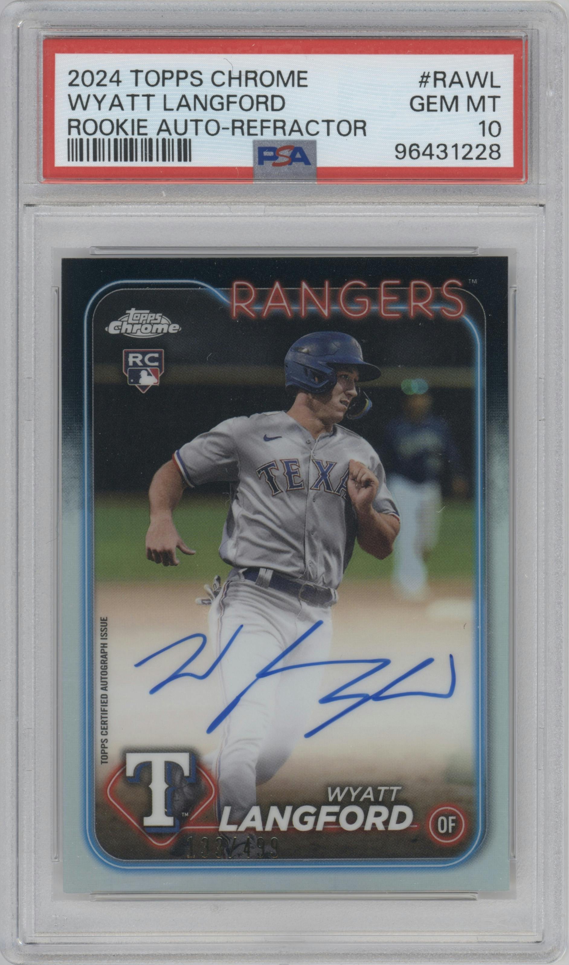 Wyatt Langford from the 2024 Topps Chrome set featuring a Refractor parallel graded by PSA and given an overall grade of 10.